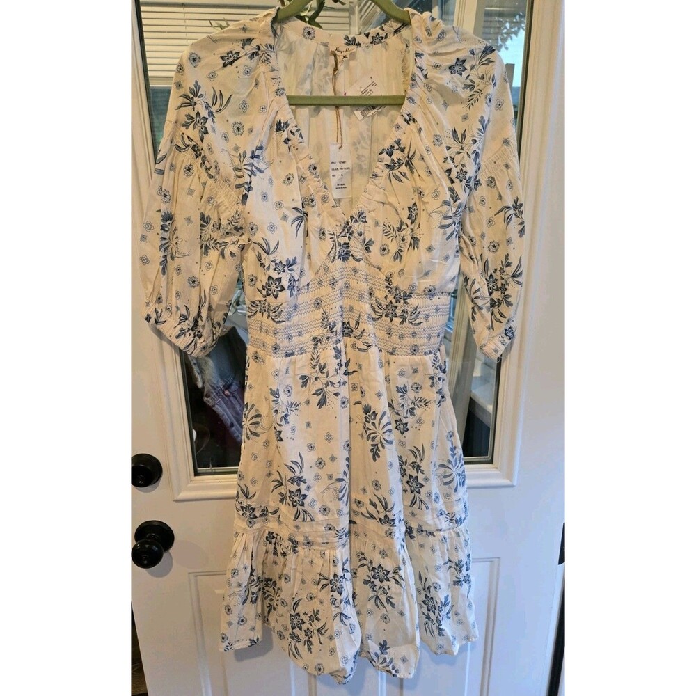 NWT Kings Road Smocked Blue White Floral Peasant Dress Cottage Core Prairie XL